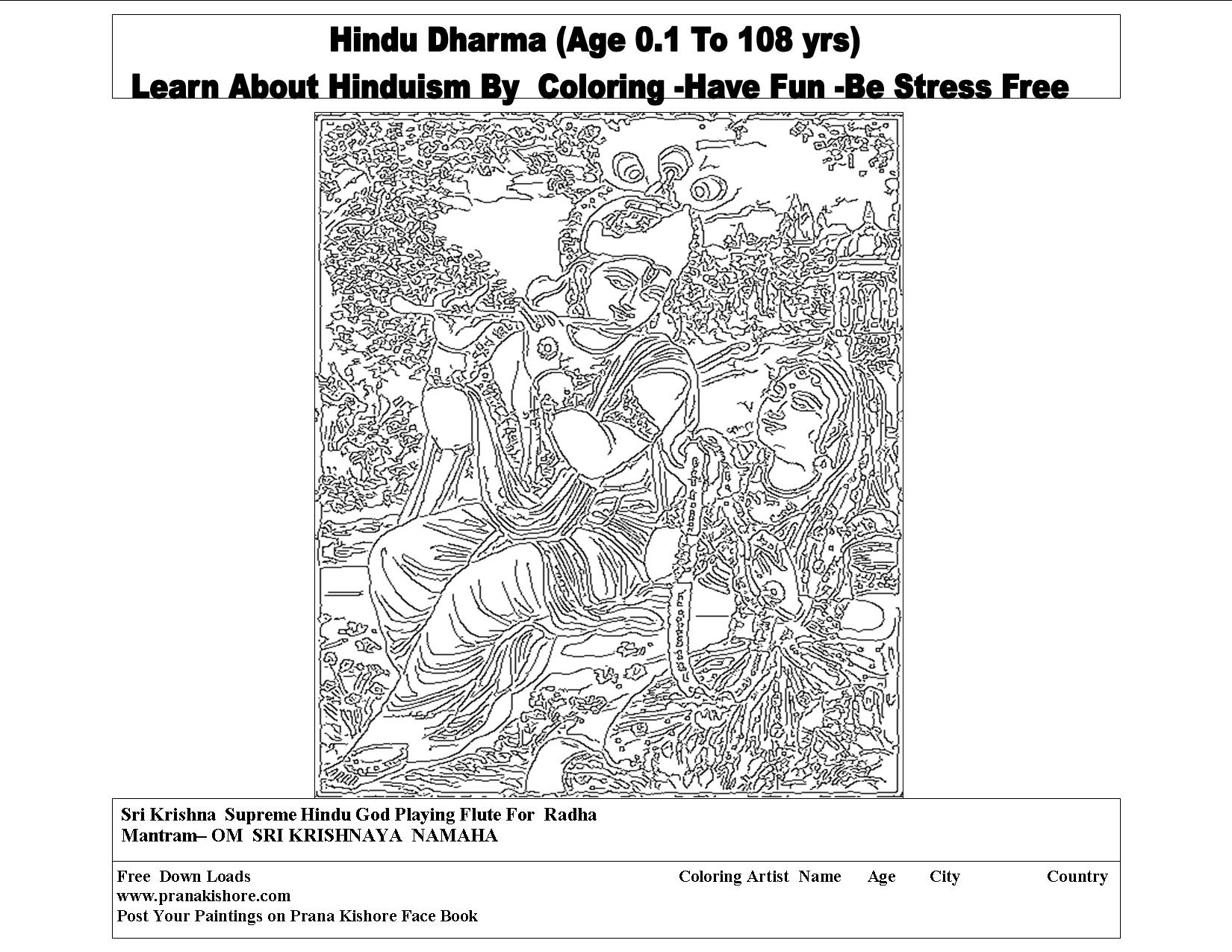 Hindu Dharma Coloring- Sri Krishna Playing Flute for Radha